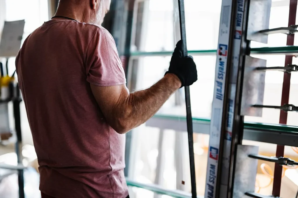 Instalador posicionando painel de vidro em edifício em construção